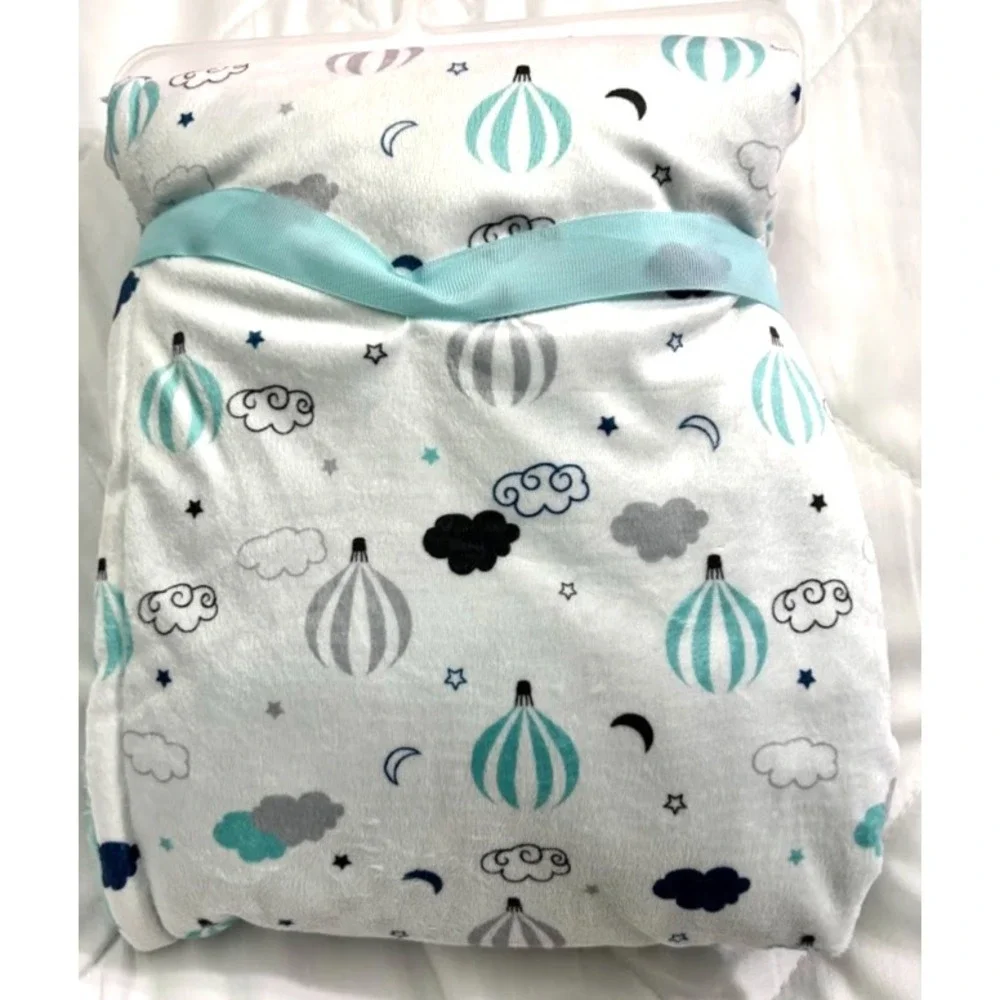 Hudson Baby Aqua Blue Sherpa Hot Air‎ Balloon Blanket Soft Lovey Unisex Clouds